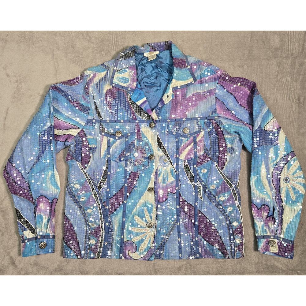 Sandy Starkman Dazzler Sequin Beaded Jacket XL Blue Purple Art to Wear